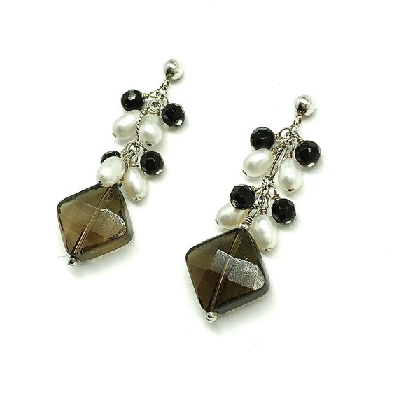Flirty Sterling Silver Smoky Quartz Pearl Beaded Dangle Earrings - Picture 5 of 5
